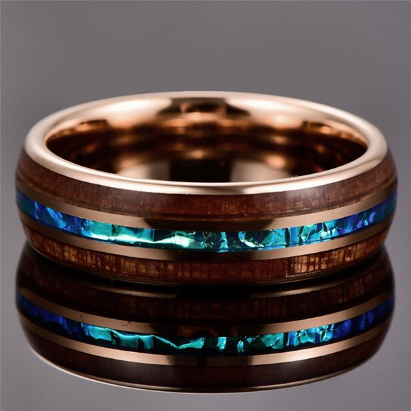 6mm Hawaiian Koa Wood & Rose Gold Mens Ring