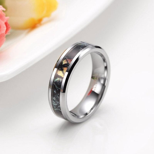 Personalized camo tungsten silver ring