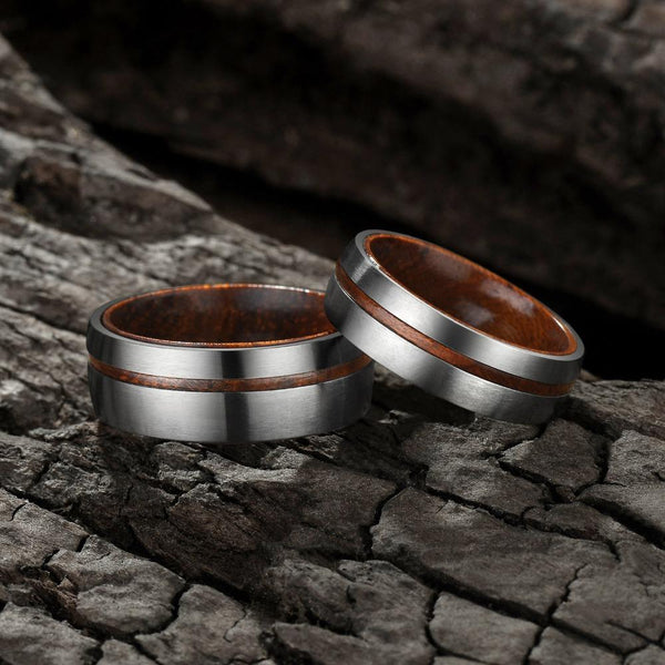 Vintage Wood Silver Titanium Mens Ring