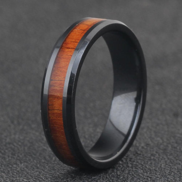 6mm Retro Wood & Black Ceramic Unisex Ring