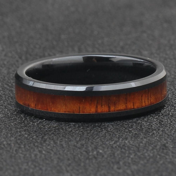 6mm Retro Wood & Black Ceramic Unisex Ring