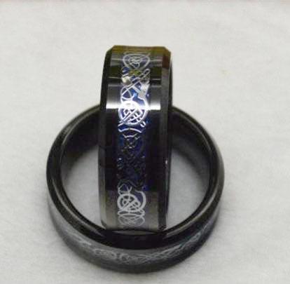 Silver and Blue Celtic Dragon Tungsten Mens Ring