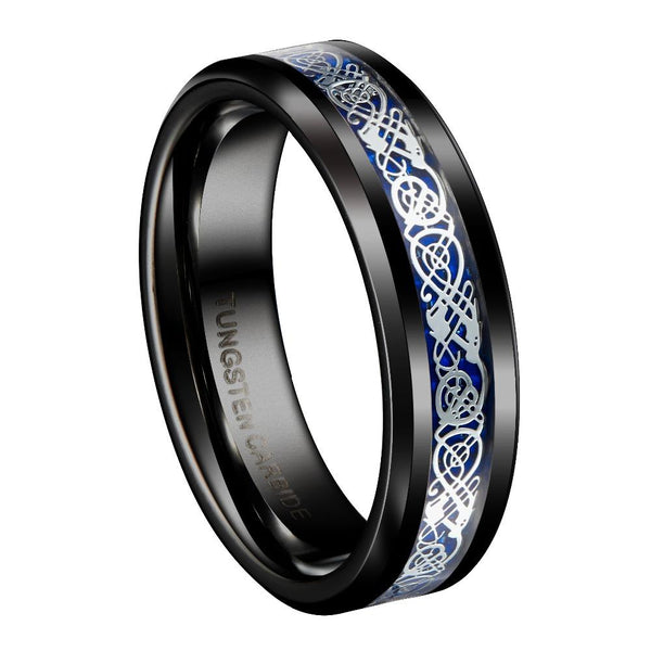 Silver and Blue Celtic Dragon Tungsten Mens Ring
