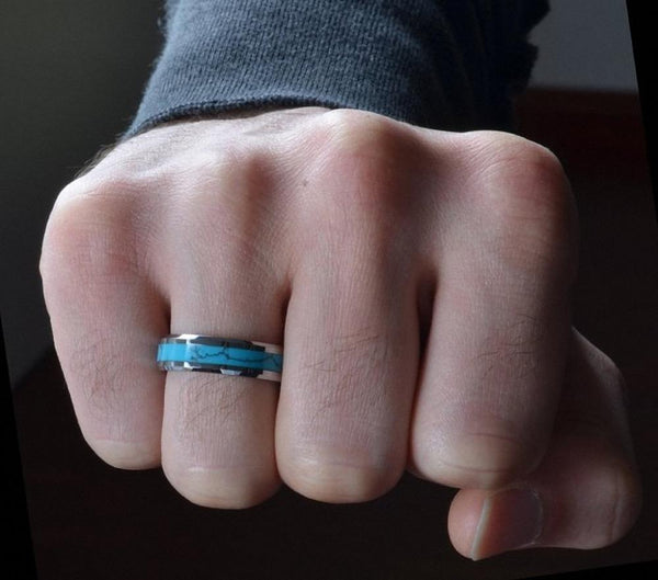 Turquoise mens ring - personalized silver Tungsten ring band
