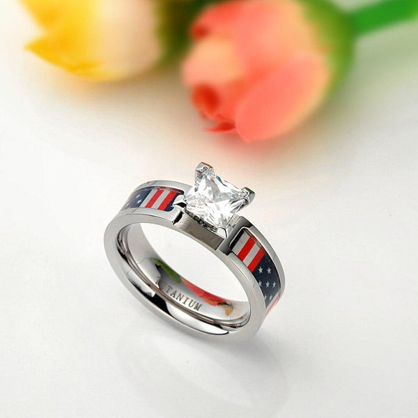 Promise ring for her - USA American Flag Patriotic Titanium Womens Ring