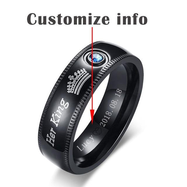 Personalized king and queen stainless steel rings set