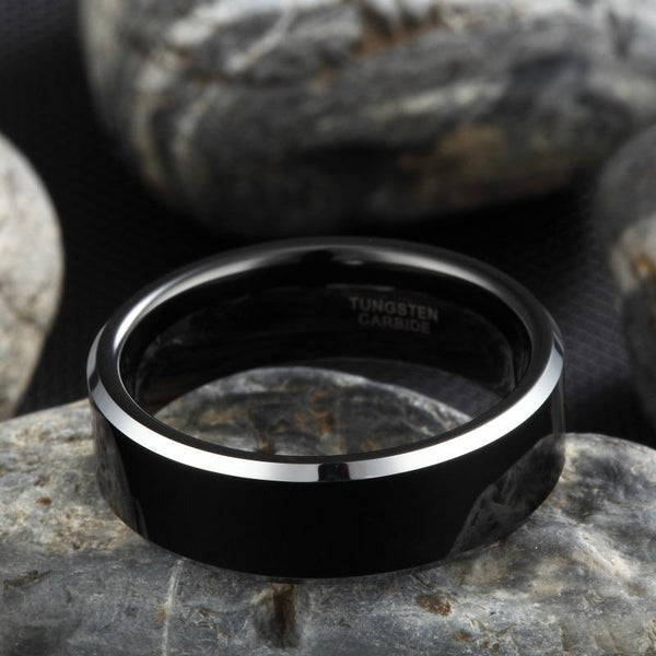Personalized black silver edges Tungsten mens ring