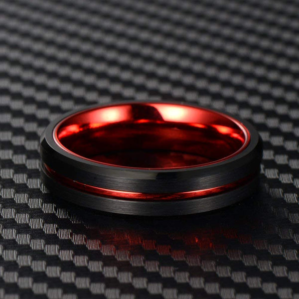 Red and black tungsten mens ring with custom engraving