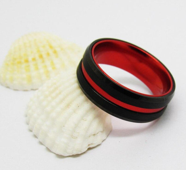 Red and black tungsten mens ring with custom engraving
