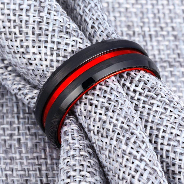 Red and black tungsten mens ring with custom engraving