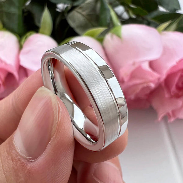 6mm White Color Offset Groove Two Tone Tungsten Unisex Rings