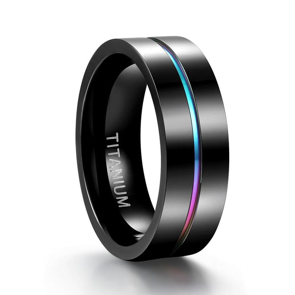 Rings for him - Custom rainbow black titanium mens ring