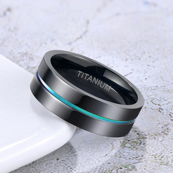 Rings for him - Custom rainbow black titanium mens ring