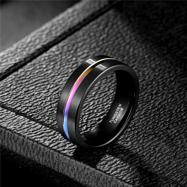 Promise ring for him - rainbow black Tungsten mens ring