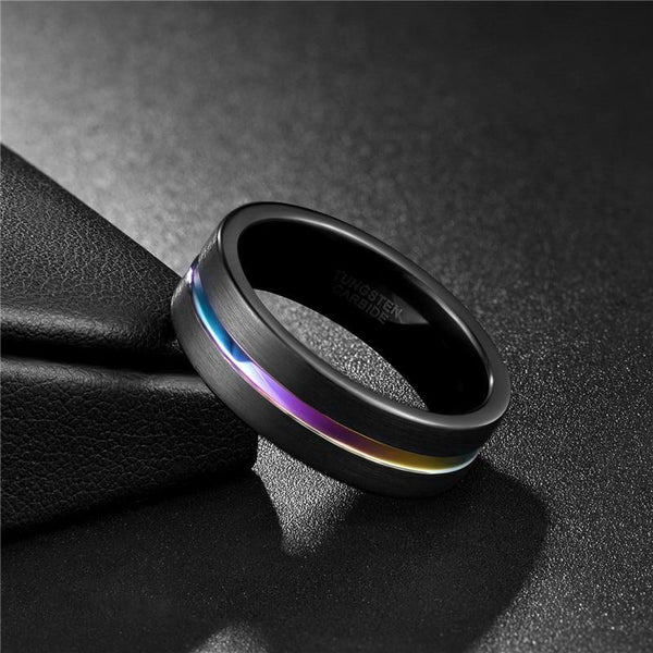 Promise ring for him - rainbow black Tungsten mens ring