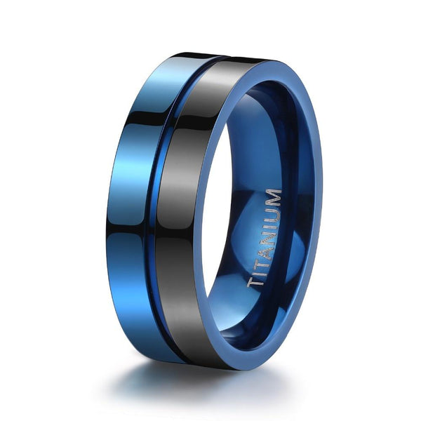 Rings for him - Personalized blue and black Titanium mens ring