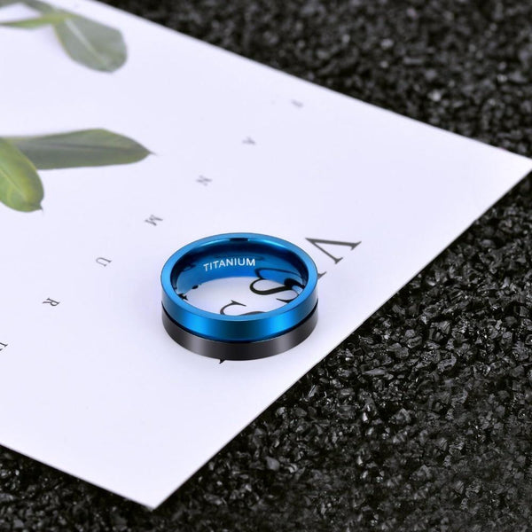 Rings for him - Personalized blue and black Titanium mens ring