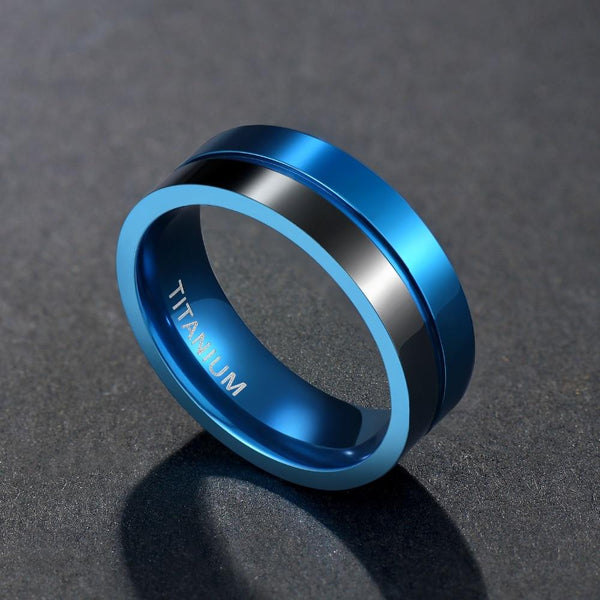 Rings for him - Personalized blue and black Titanium mens ring