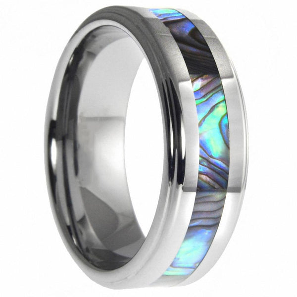 Rings for him - Abalone shell silver Tungsten mens ring