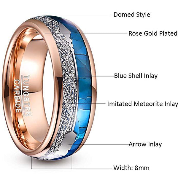 8mm Blue Shell, Meteorite & Rose Gold Tungsten Mens Ring