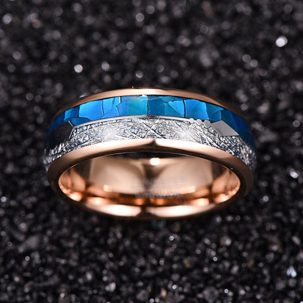 8mm Blue Shell, Meteorite & Rose Gold Tungsten Mens Ring