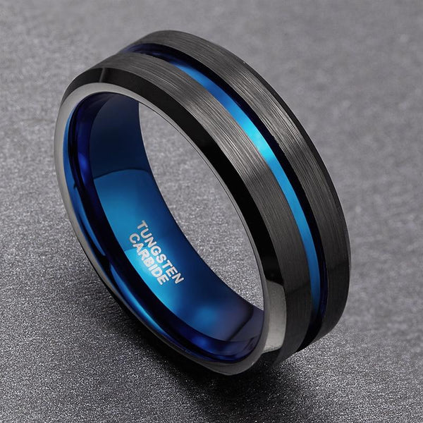 8mm blue and black tungsten mens ring