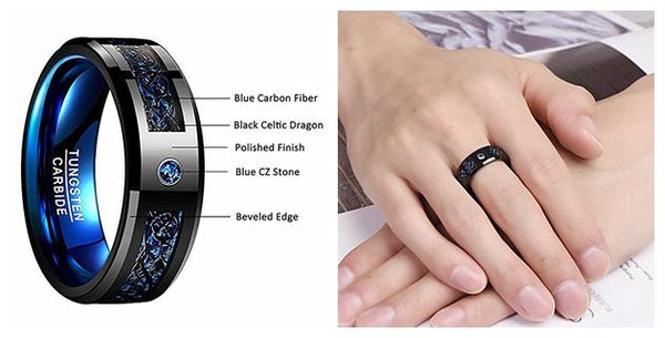 Black & Blue Celtic Dragon Tungsten Mens Ring