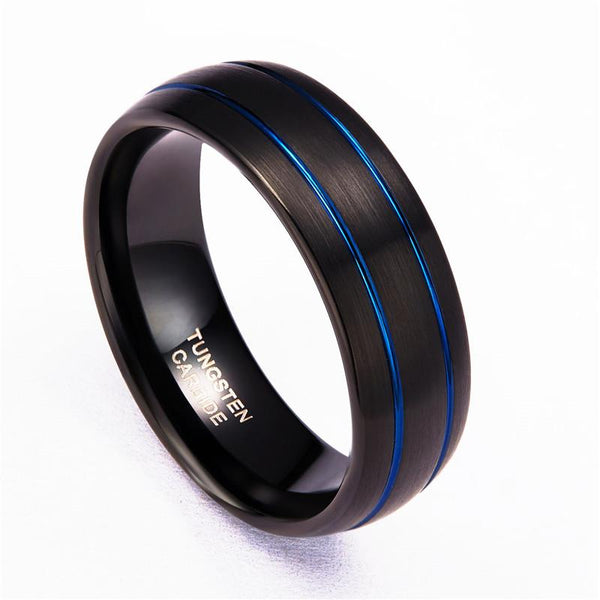 Personalized black and blue tungsten mens ring