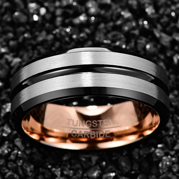 Black, Silver and Rose Gold Tungsten Mens Ring