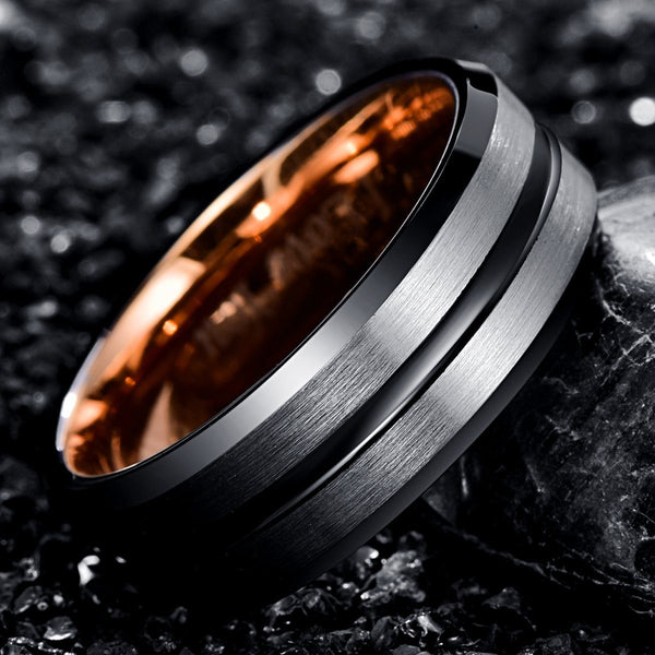 Black, Silver and Rose Gold Tungsten Mens Ring