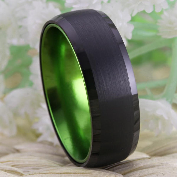 Promise rings for him - black and green Tungsten mens ring