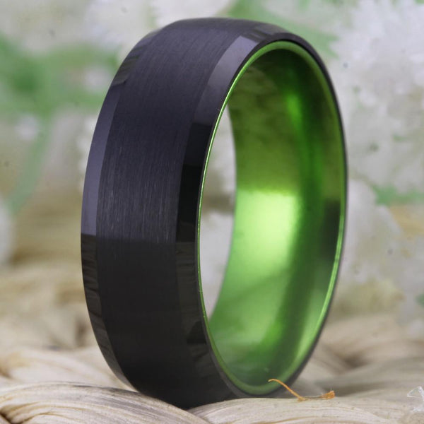 Rings for him - black and green tungsten mens ring