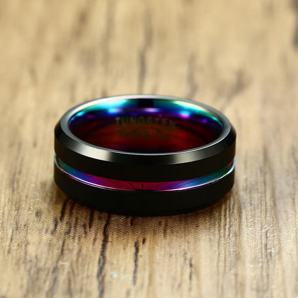 8mm Rainbow & Black Tungsten Mens Ring