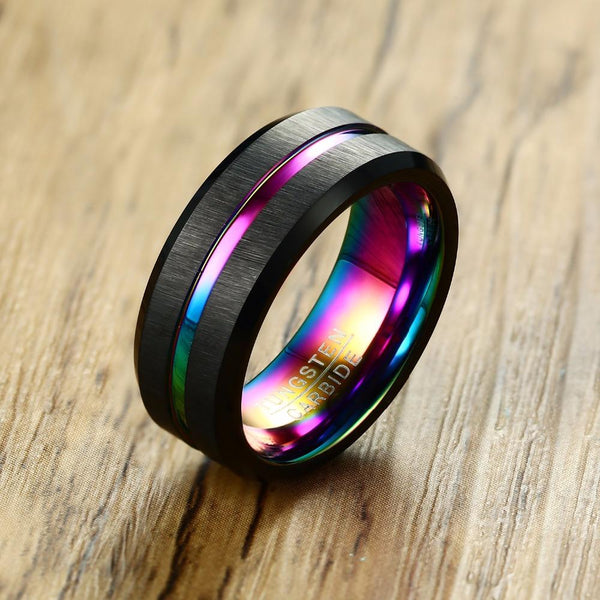 8mm Rainbow & Black Tungsten Mens Ring