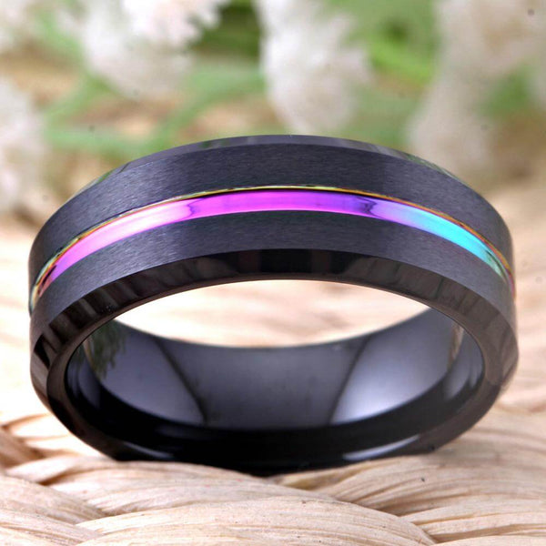 Black Rainbow Groove Tungsten Mens Ring