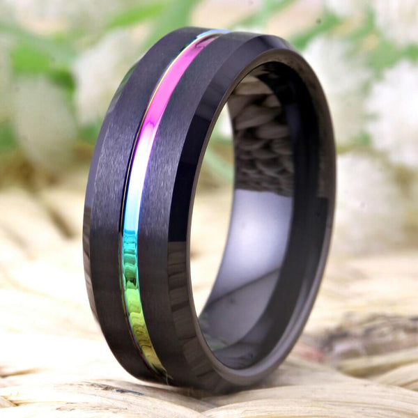 Black Rainbow Tungsten Mens Ring