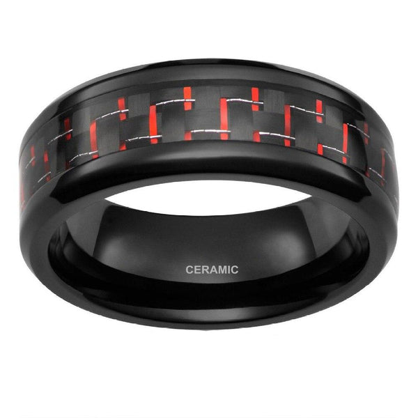 Ceramic mens rings - black and red ceramic mens ring
