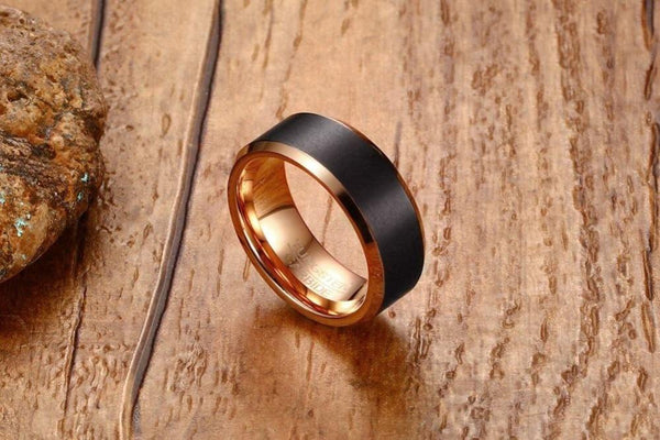 Rings for him - Rose gold and black tungsten mens ring