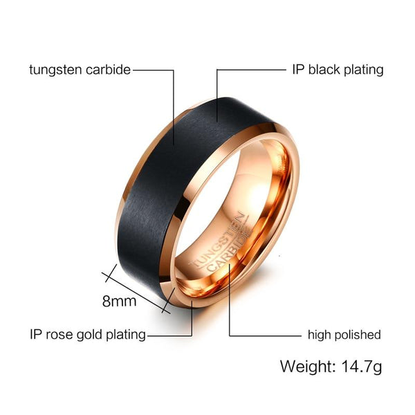 Rings for him - Rose gold and black tungsten mens ring