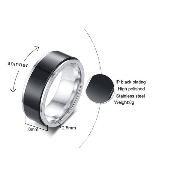 black and silver stainless steel mens spinner ring