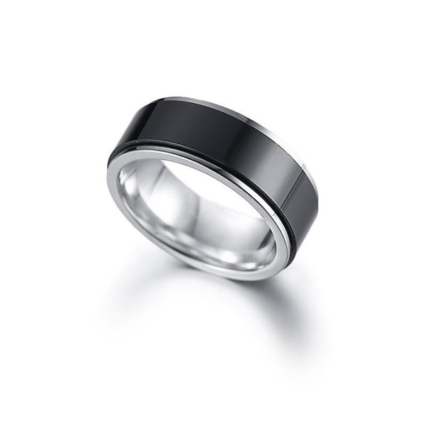 black and silver stainless steel mens spinner ring