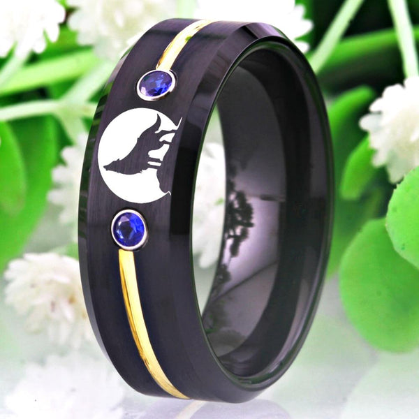 Wolf Howling Black Tungsten Mens Ring