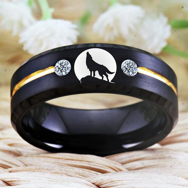 Black Wolf Howling Tungsten Mens Ring