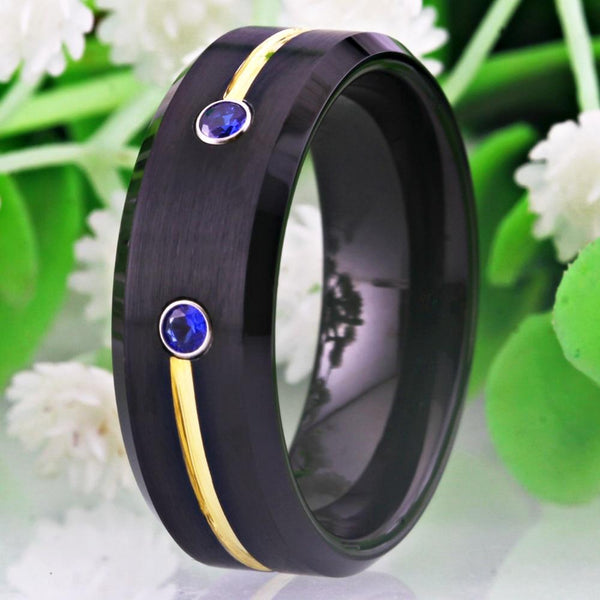 Black and Blue Stones Tungsten Mens Ring