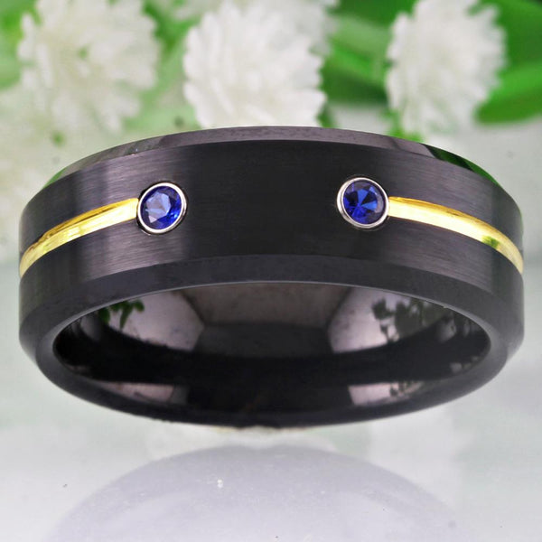 Black and Blue Stones Tungsten Mens Ring