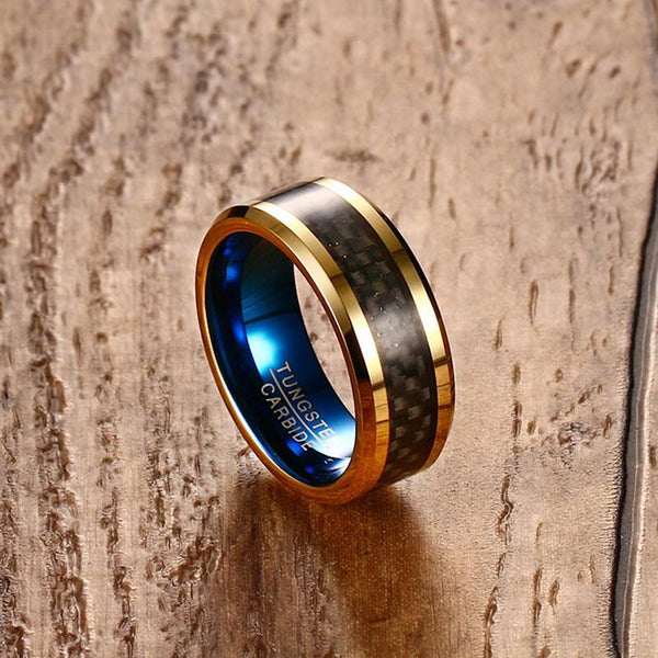 Rings for him - Gold and blue custom tungsten mens ring