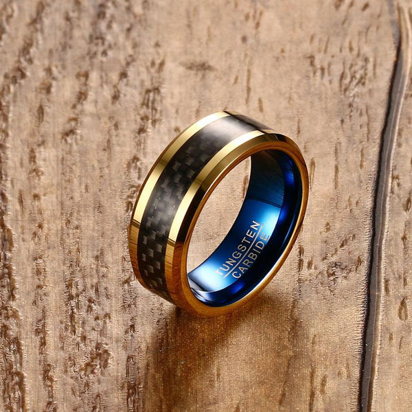 Gold and blue custom tungsten mens ring
