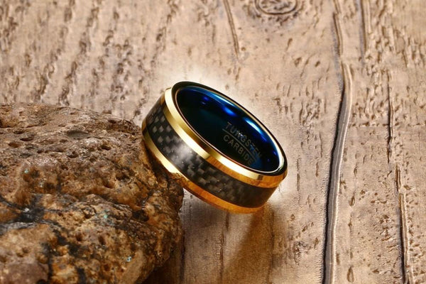 Gold and blue custom tungsten mens ring