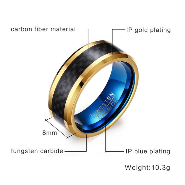 Rings for him - Gold and blue custom tungsten mens ring
