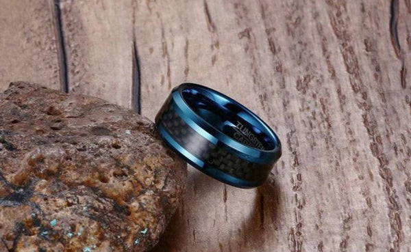 8mm Blue Carbon Fiber Tungsten Mens Ring